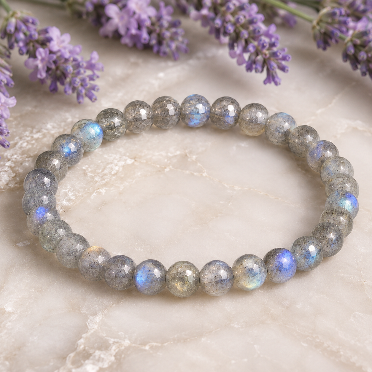 Gray Moonstone Straight-Cut Beads (8mm) Single Loop Bracelet