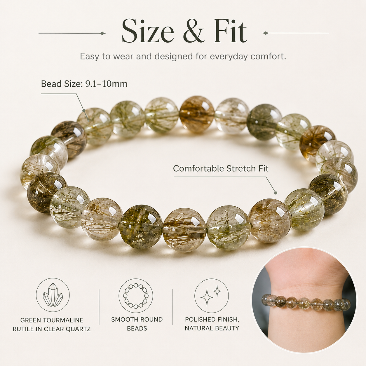 Smooth Green Tourmaline Rutilated Quartz Round Beads (9.1-10mm) Bracelet