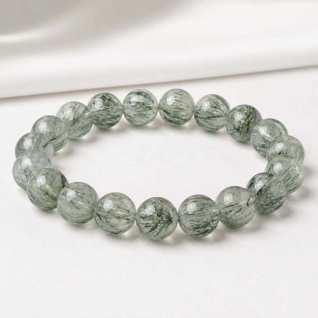 Green Rutilated Quartz Bracelet (10+mm), Smooth Hair Crystal