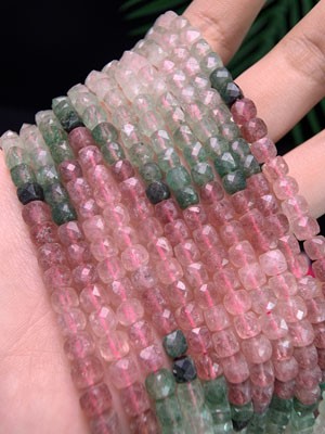 Red & Green Strawberry Quartz Faceted Cube (Size: 4mm-5mm) Semi-Finished Long Chain