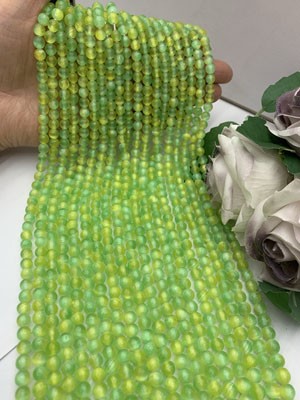 Yellow-green gypsum with cat's eye, smooth bead semi-finished long chain 38cm