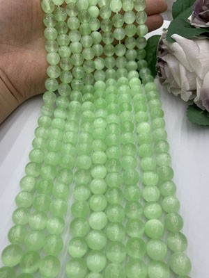 Matcha-colored gypsum beads with cat's eye effect, semi-finished long strand 38cm